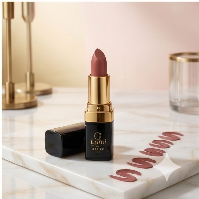 Lumi by Mahek Velvet Teddy matte lipstick, open and standing upright
